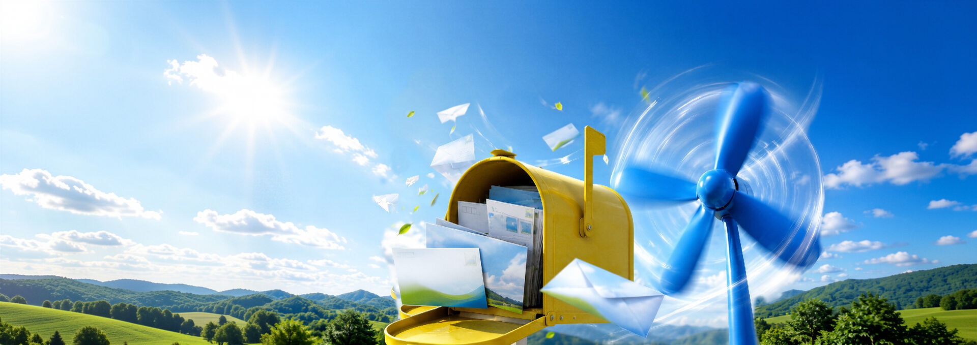 Briefkasten mit Mailings und Windrad – Symbol für Print-Mailings im Aufwind